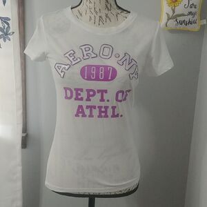Aeropostale White Crew Neck Cap Sleeve Top with Purple/Silver lettering M